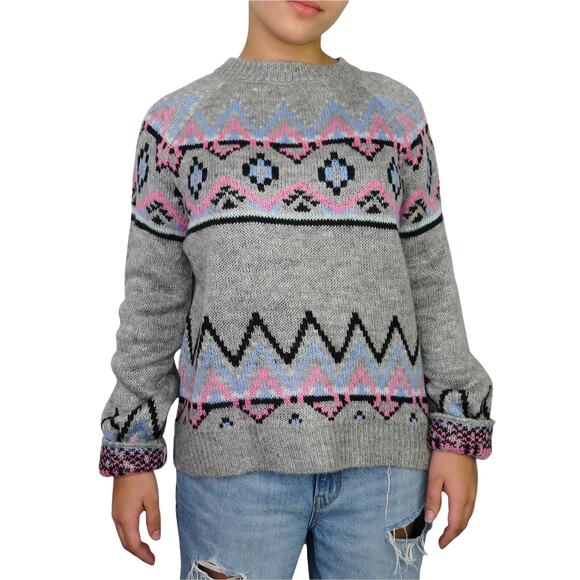 Vintage Arizona Fair Isle Sweater Gray Pink Preppy Geometric Knit Sweater Medium - Picture 1 of 5